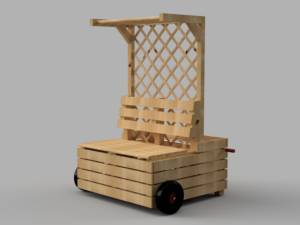 Holzkonstruktion aus einer Sitzfläche mit Rückenlehne, Blumenkasten und Rankgitter. Mit Rädern beweglich.