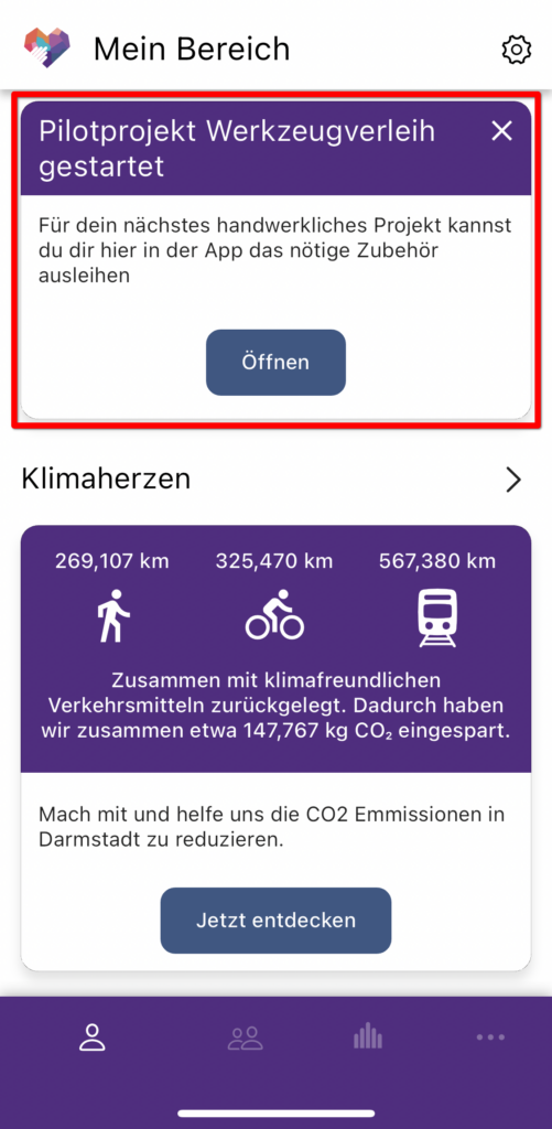 Persönlicher Bereich der Darmstadt im Herzen App: Oben gibt es den Abschnitt Pilotprojekt Werkzeugverleih gestartet mit der Schaltfläche Öffnen. Unten ist der Bereich Klimaherzen zu sehen.