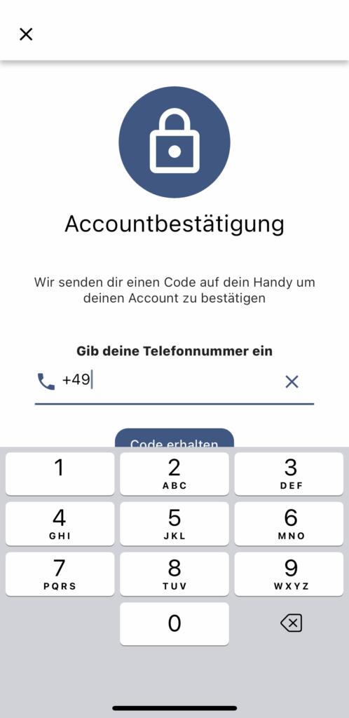 Registrierung zum Werkzeugverleih: Accountbestätigung. Wir senden dir einen Code auf dein Handy, um deinen Account zu bestätigen. Gib deine Telefonnummer ein. 
+49... 
Die Eingabe muss mit der Schaltfläche "Code erhalten" bestätigt werden.