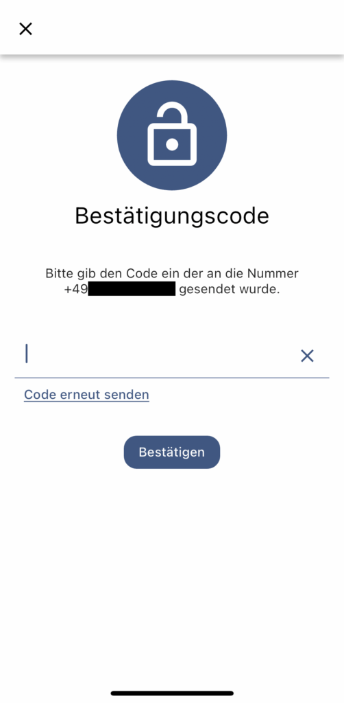 Registrierung zum Werkzeugverleih: Bestätigungscode. Bitte gib den Code ein, der an die Nummer +49... gesendet wurde. 
Unterhalb des Eingabefeldes kann man Code erneut senden auswählen oder die Eingabe mit der Schaltfläche Bestätigen abschließen.